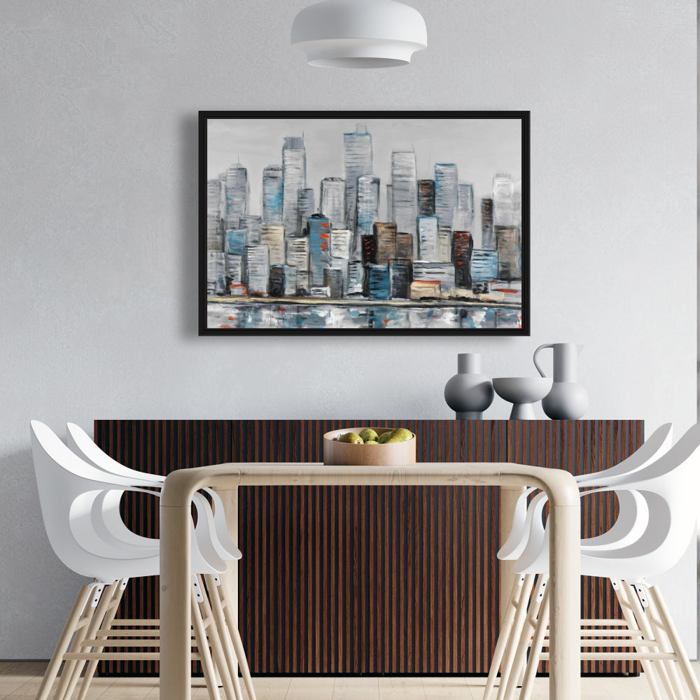 Horizon urbain abstrait | Toile encadrée bleue pour décoration intérieure
