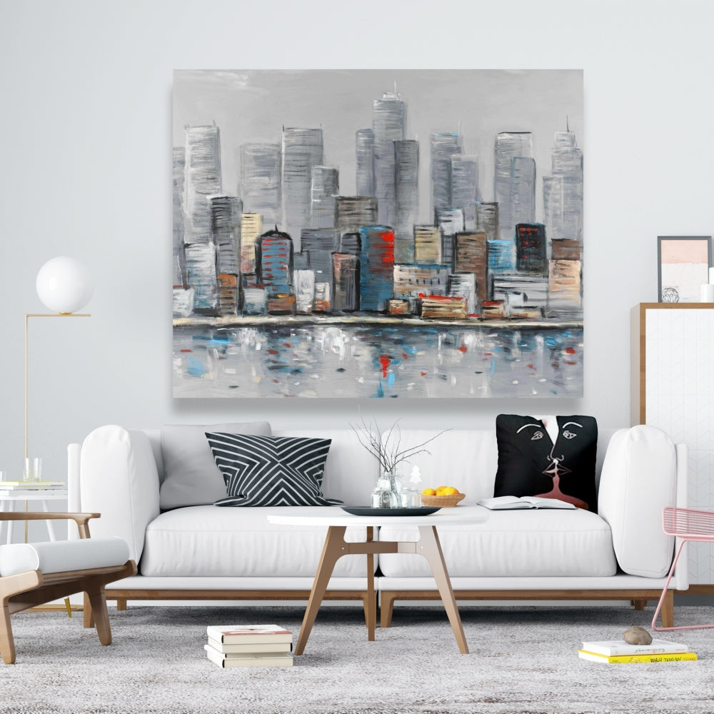 Toile abstraite bleue représentant une ville - Décoration de chambre contemporaine