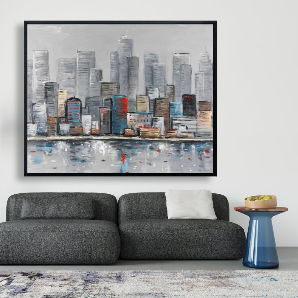 Toile abstraite avec horizon urbain pour chambre à coucher bleue | Décoration d'intérieur