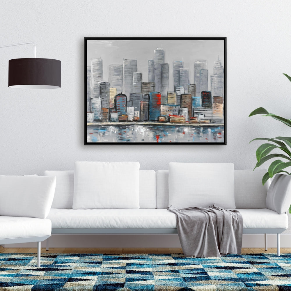 Toile abstraite avec horizon urbain pour chambre à coucher bleue | Décoration d'intérieur