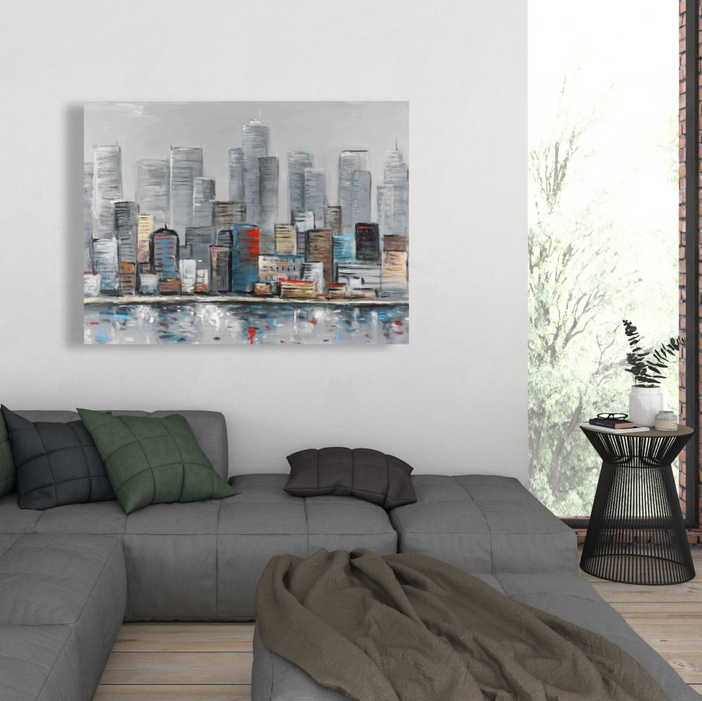Toile abstraite bleue représentant une ville - Décoration de chambre contemporaine