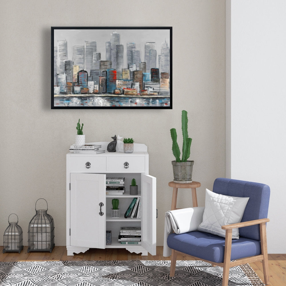 Toile abstraite avec horizon urbain pour chambre à coucher bleue | Décoration d'intérieur