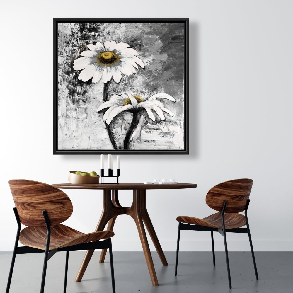 Toile abstraite avec marguerites et fleurs - Décoration industrielle pour chambre blanche