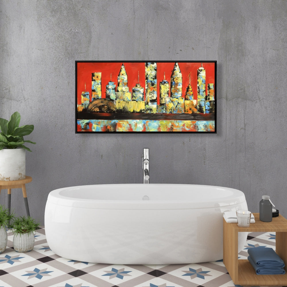 Vue de la ville rouge sur toile encadrée jaune - Décoration d'intérieur moderne