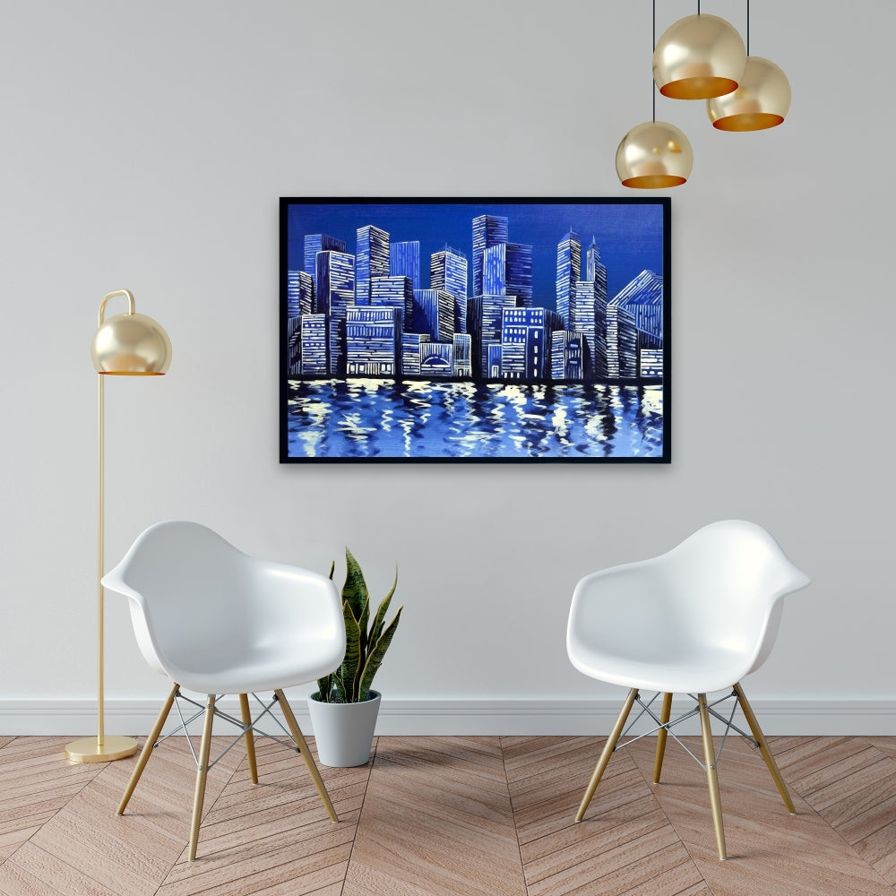 Blue Skyline Framed Canvas - Modern Home Decor Art Piece