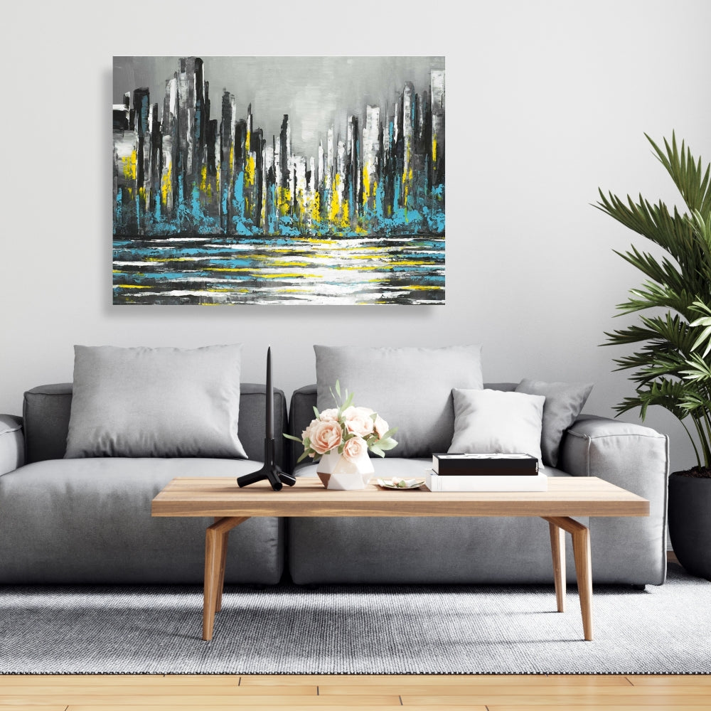 Abstract Blue Skyline | Gray Canvas | Bedroom Home Decor