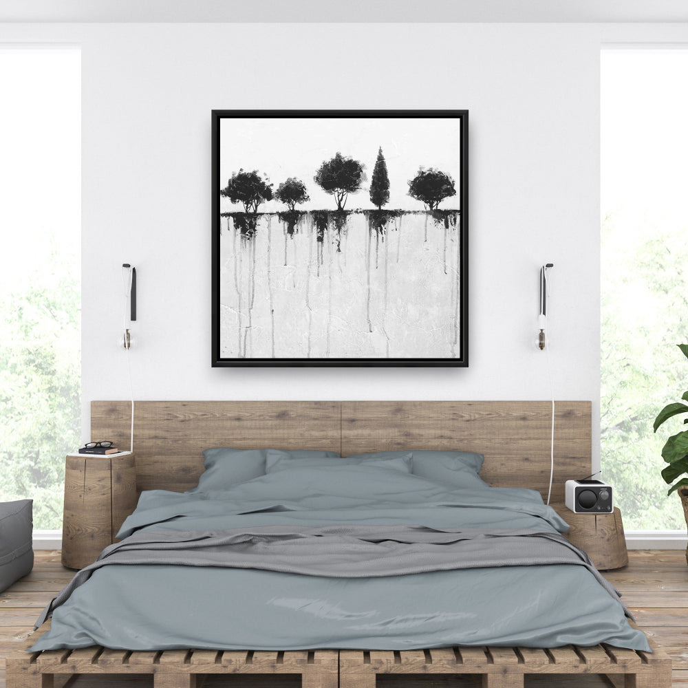Bedroom Landscapes - Industrial Framed Canvas: Abstract Black Trees