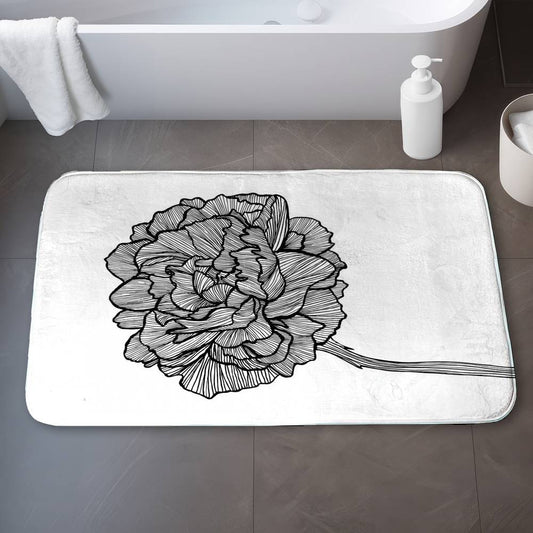 Peony Line Floral Botanical White Bath Mat for Bedroom Decor