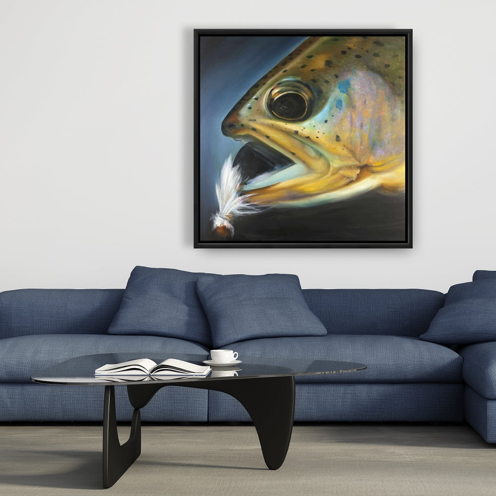 Toile encadrée « Pêche à la mouche à la truite dorée » | Décoration rustique