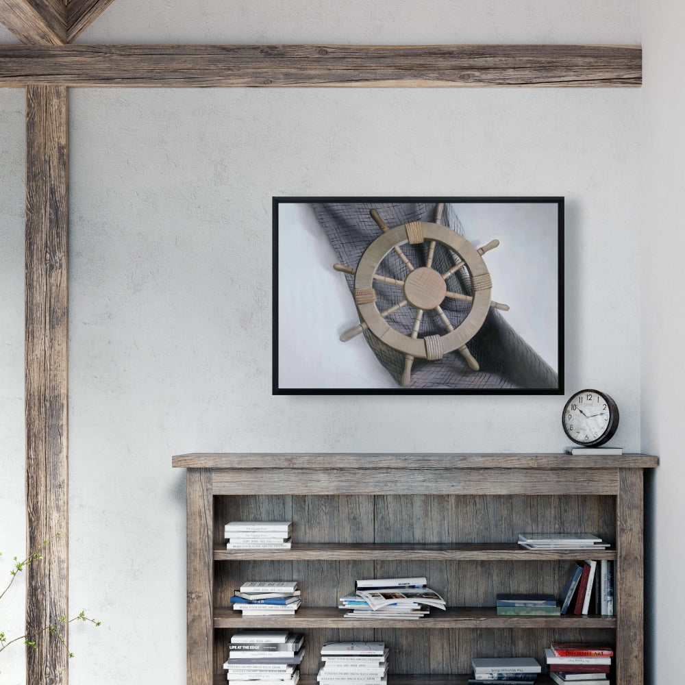 Toile « Gouvernail sur filet de pêche » | Cadre de bateau blanc, décoration d'intérieur
