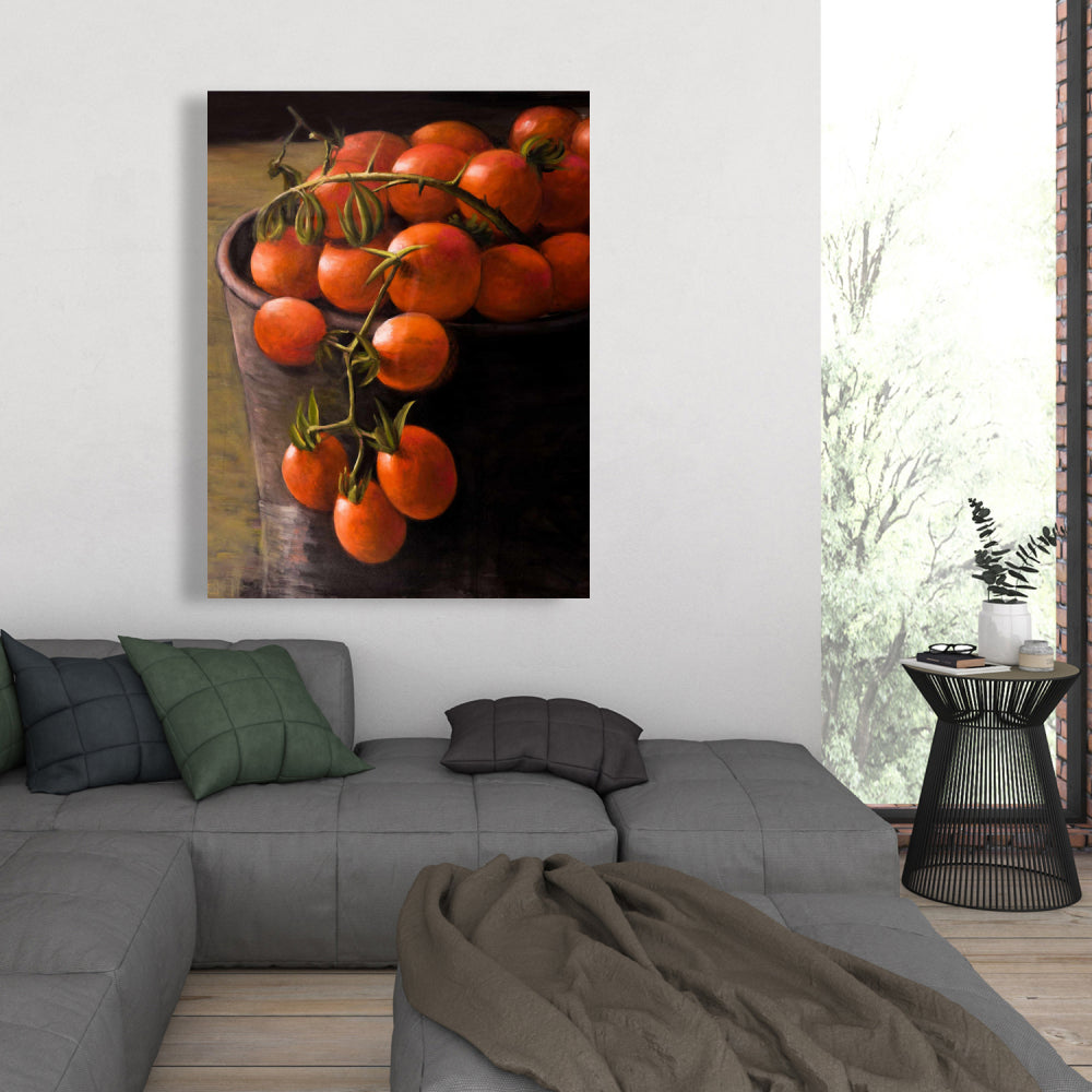 Contemporary Kitchen Art | Brown Canvas Bucket of Cherry Tomatoes