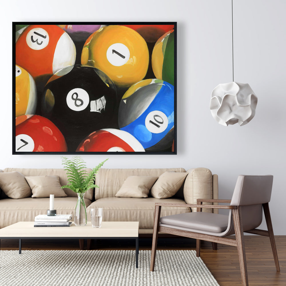 Gros plan de boules de billard | Décoration d'intérieur sur toile encadrée hyperréaliste