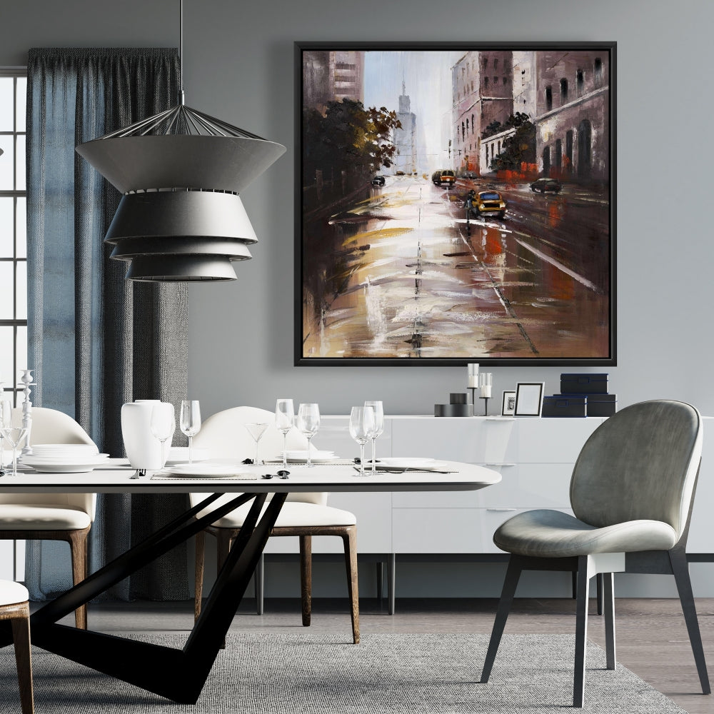 Toile « Scène de rue matinale » | Cadre marron | Décoration contemporaine