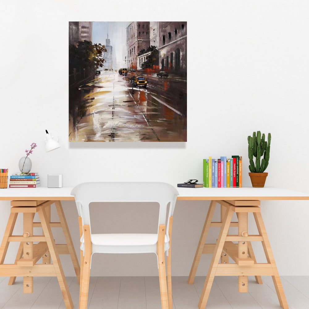 Morning Street Scene | Brown Canvas Wall Art for Bedroom Decor