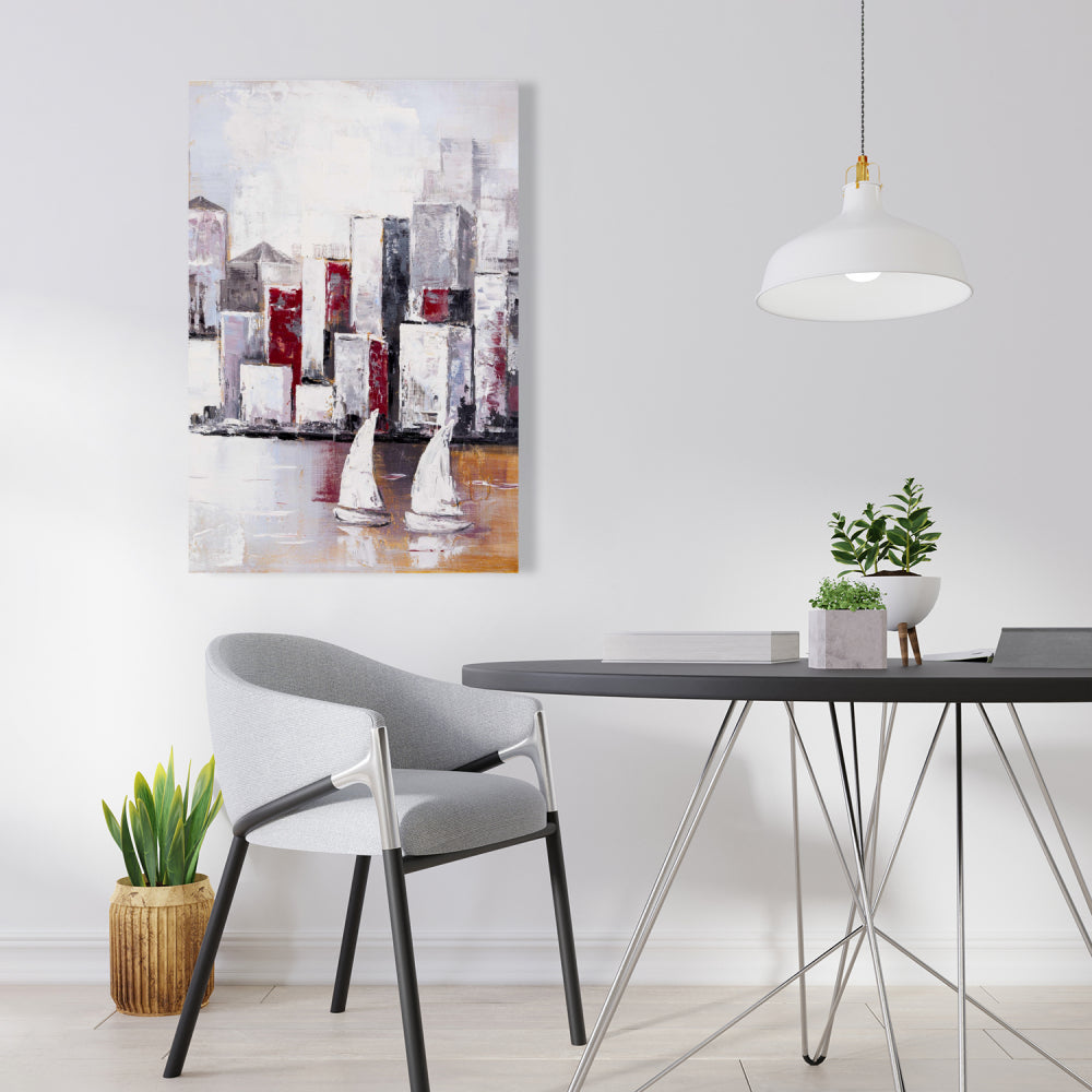 Toile « Voiliers et ville urbaine » - Décoration d'intérieur industrielle grise