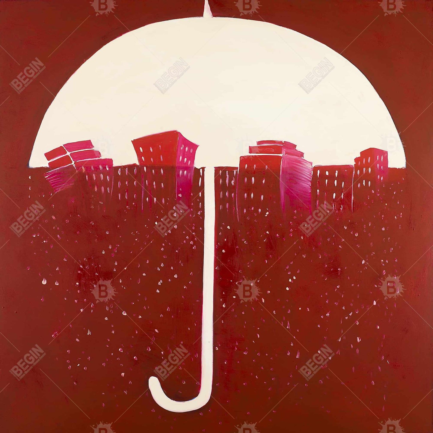 Red City Under Umbrella Canvas | Modern Red Wall Art Decor