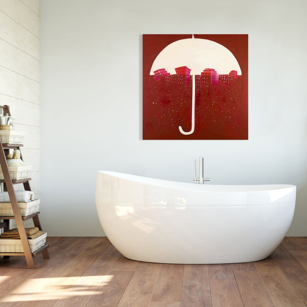 Red City Under Umbrella Canvas | Modern Red Wall Art Decor