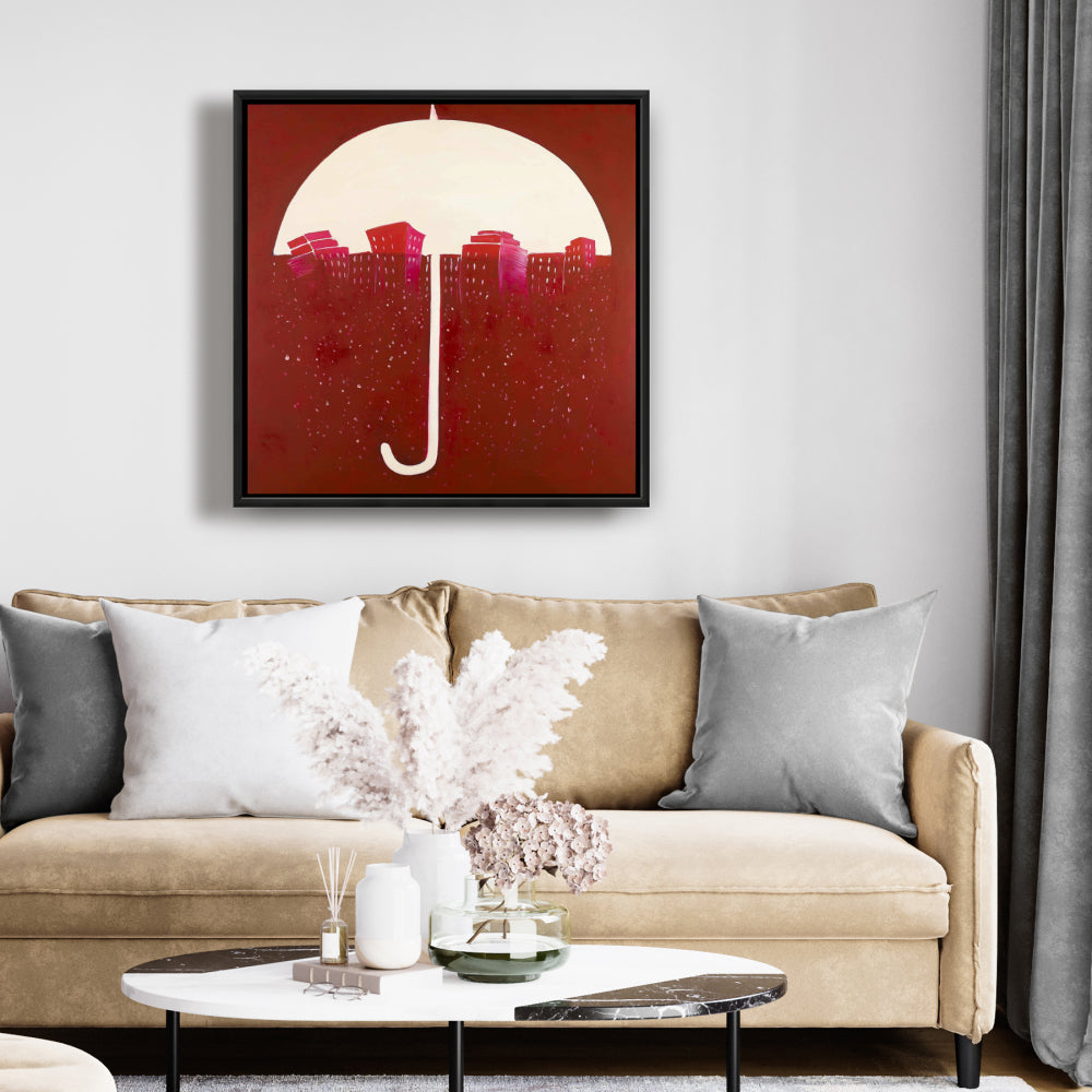 Toile « Ville rouge sous un parapluie » | Décoration d'intérieur encadrée