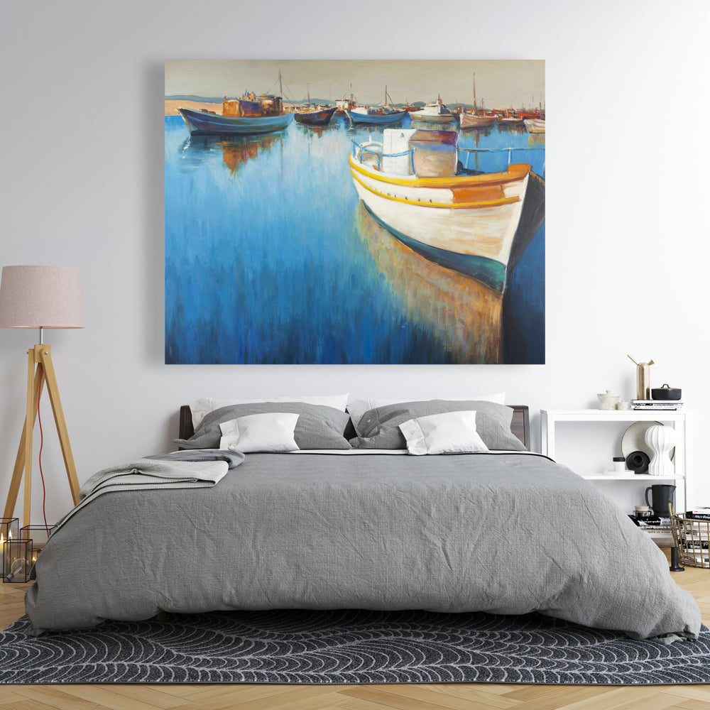 Toile « Bateaux de pêche à la marina » – Décoration d'intérieur encadrée bleue