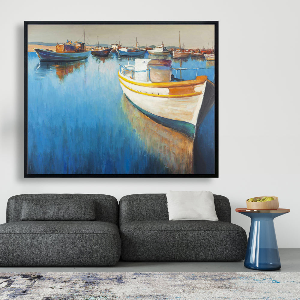 Fishing Boats at the Marina Canvas - Blue Framed Home Decor
