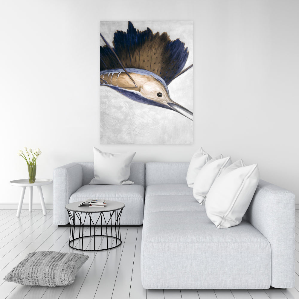 Toile abstraite représentant un espadon – Décoration murale de salle de bain bleu marine