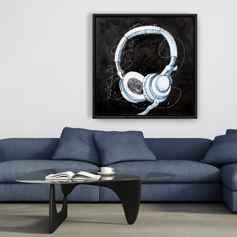 Toile illustrative « Casque musical » | Décoration d'intérieur encadrée bleue