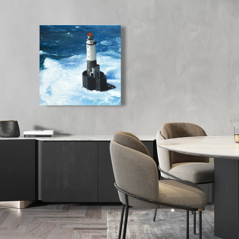 Unleashed Waves on a Lighthouse | Marine Blue Coastal Canvas