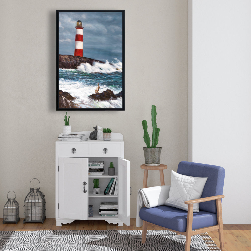 Lighthouse at the Edge of the Sea | Coastal Framed Canvas Decor