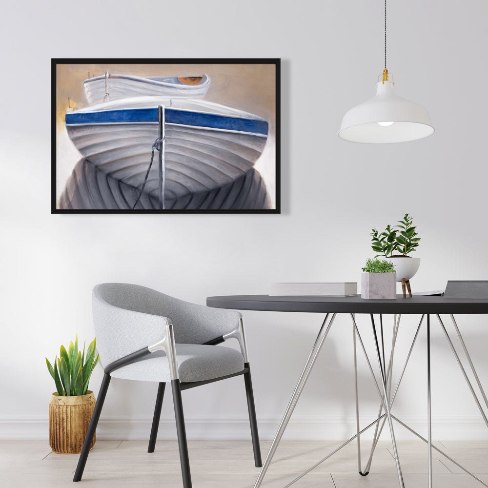 Coastal Blue Canvas - Two Canoe Boats Framed Art Decor
