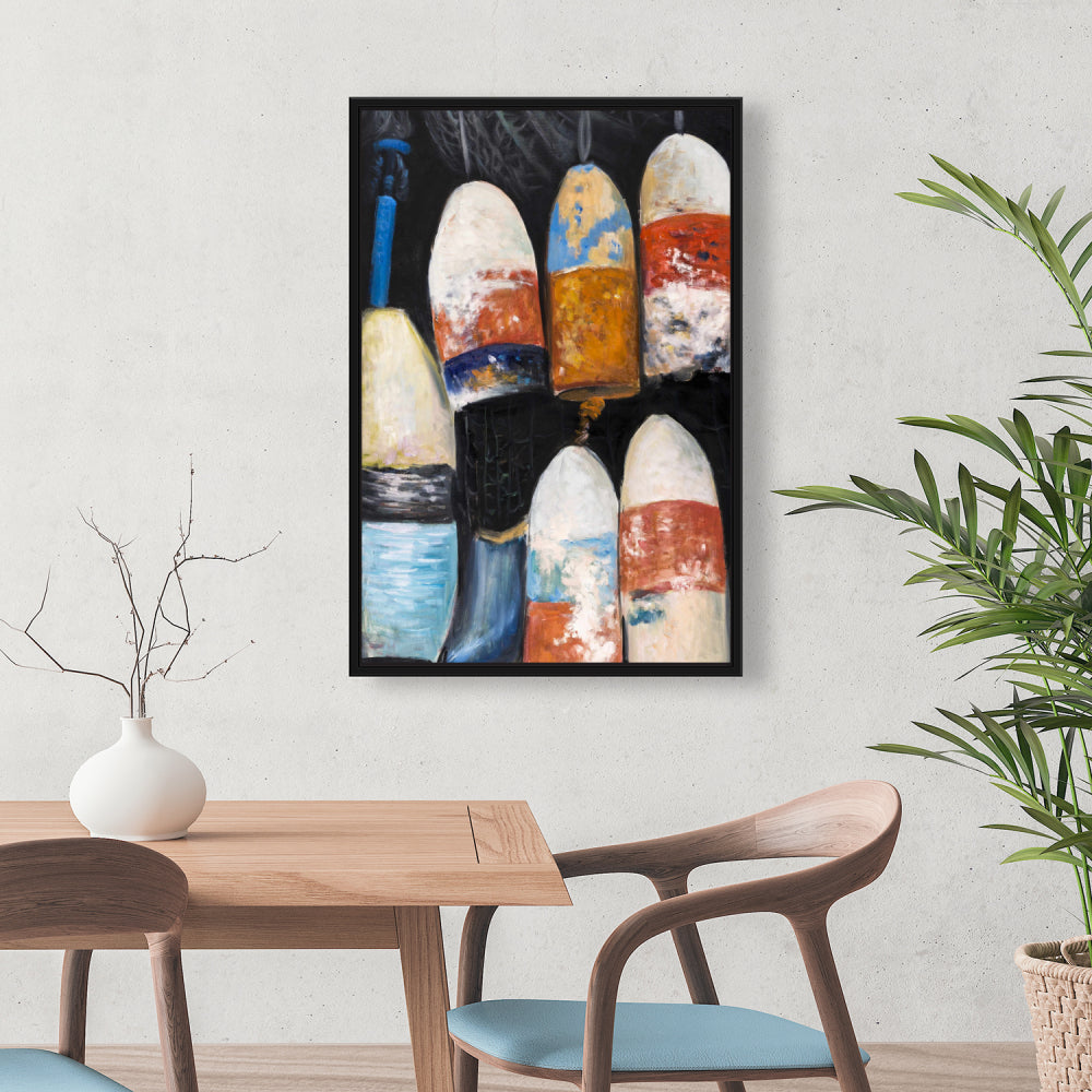Vintage Lobster Buoys Framed Canvas | Coastal Home Decor