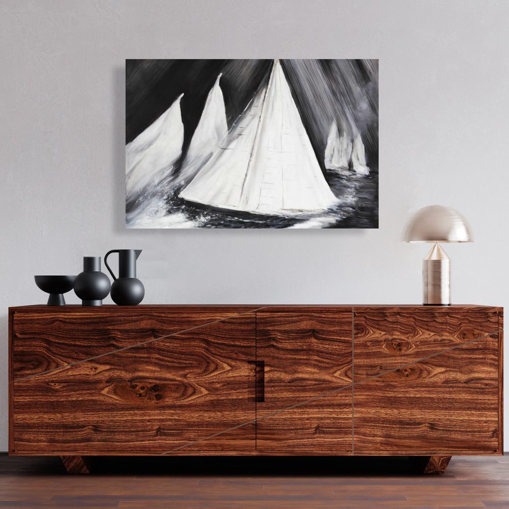 Coastal Boat White Canvas - Grayscale Boats in a Storm Decor