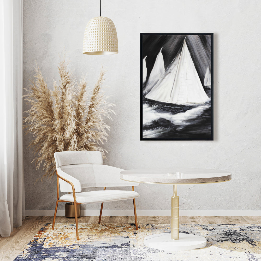 White Coastal Framed Canvas | Grayscale Boats in Storm Decor