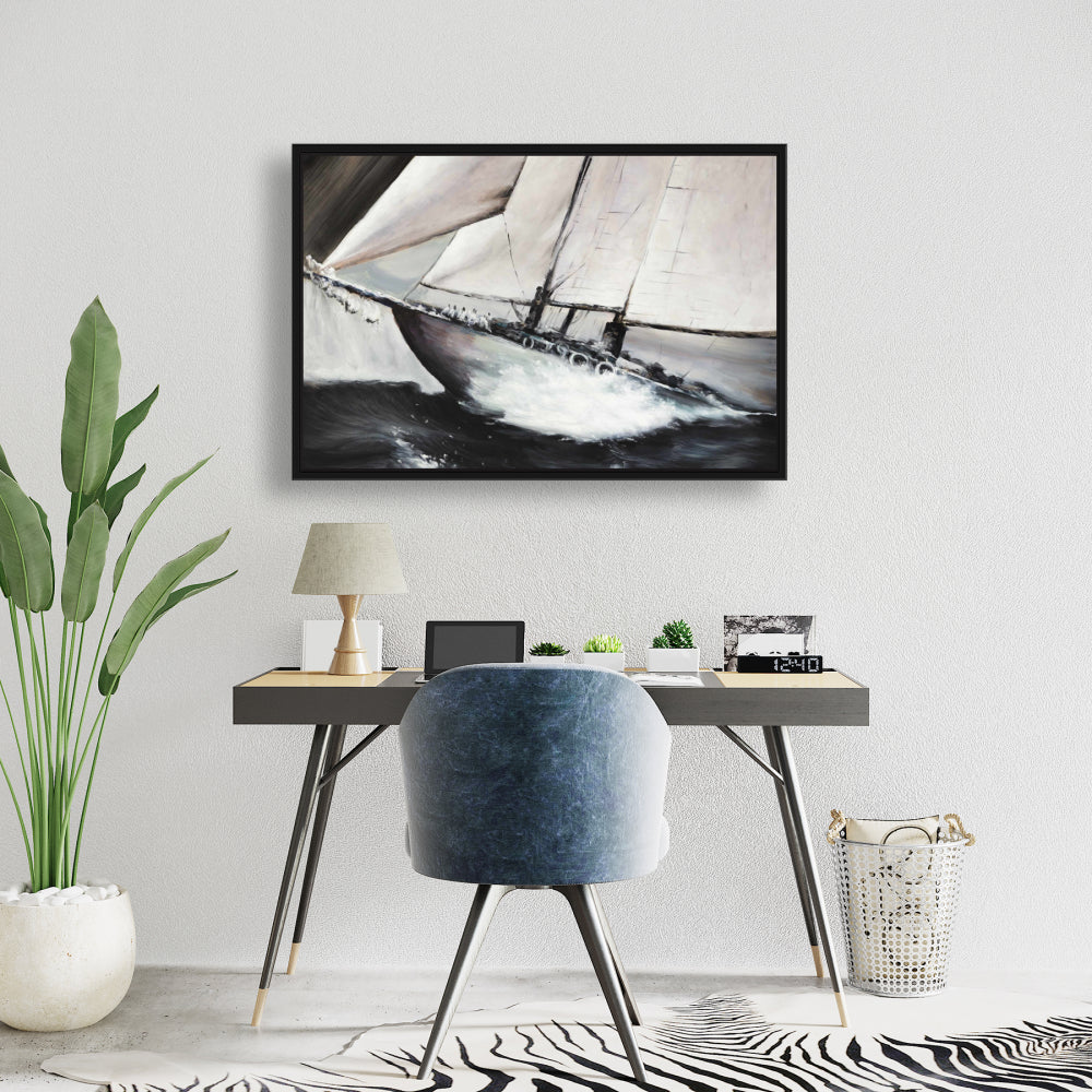 Coastal Brown Boat Framed Canvas - Boat in a Violent Storm