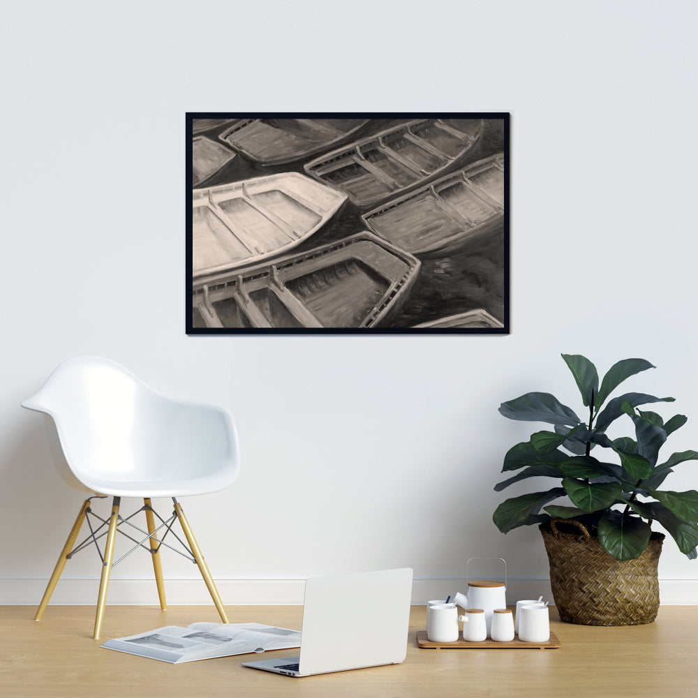 Small Canoes Sepia Style | Coastal Boat Canvas Home Decor
