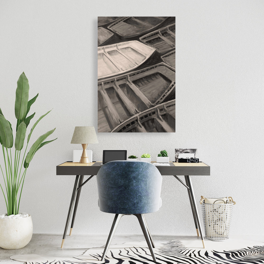Small Canoes Sepia Style Canvas - Contemporary Boat Brown Decor