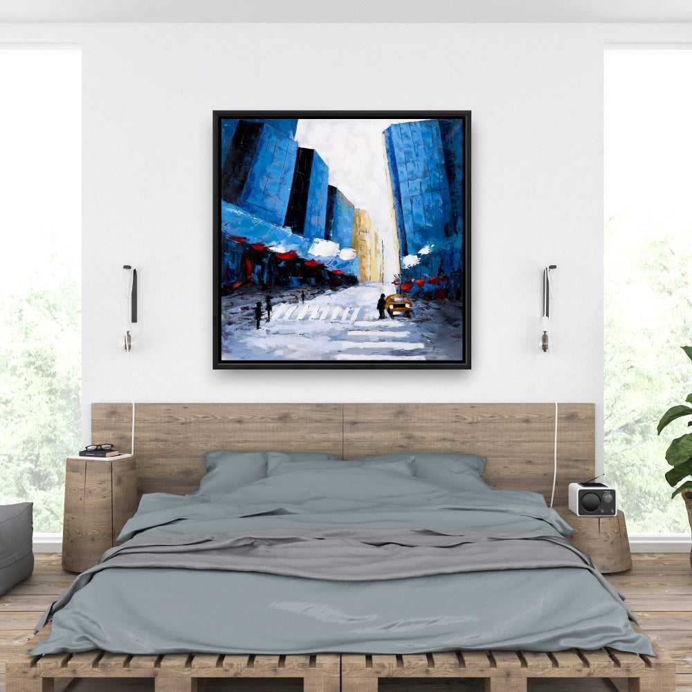 Blue Cities Bedroom Framed Canvas - Blue Buildings Home Decor