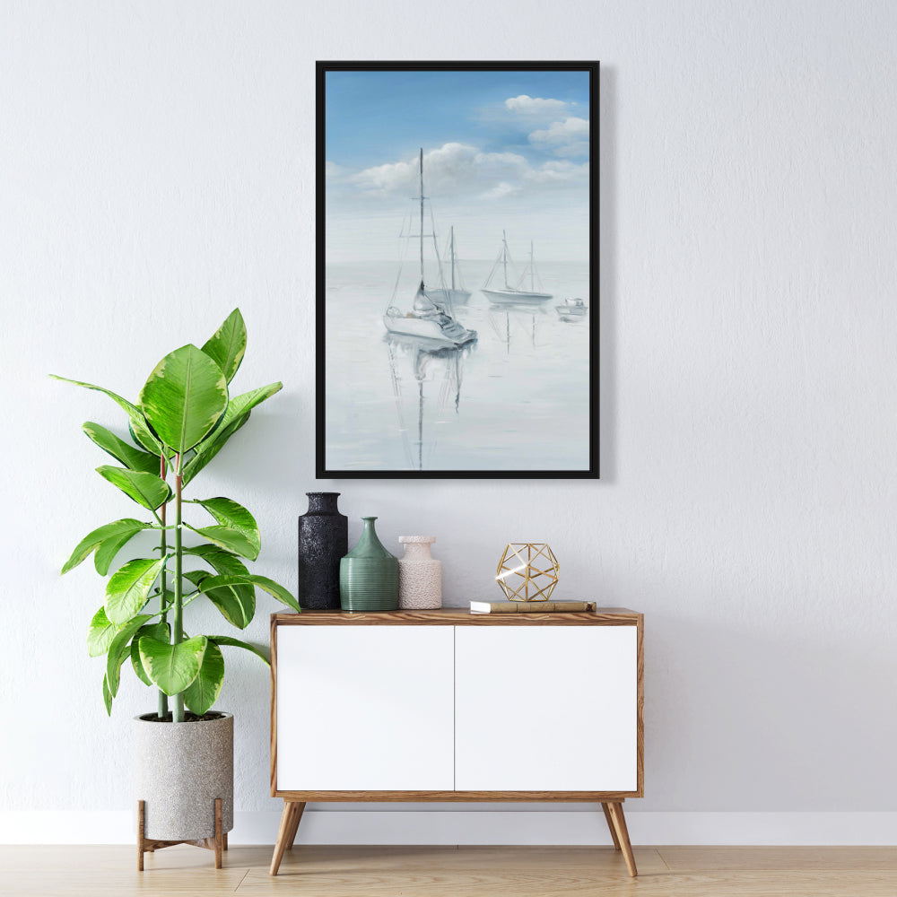 Toile encadrée « Voiliers sur un lac tranquille » – Décoration de chambre côtière
