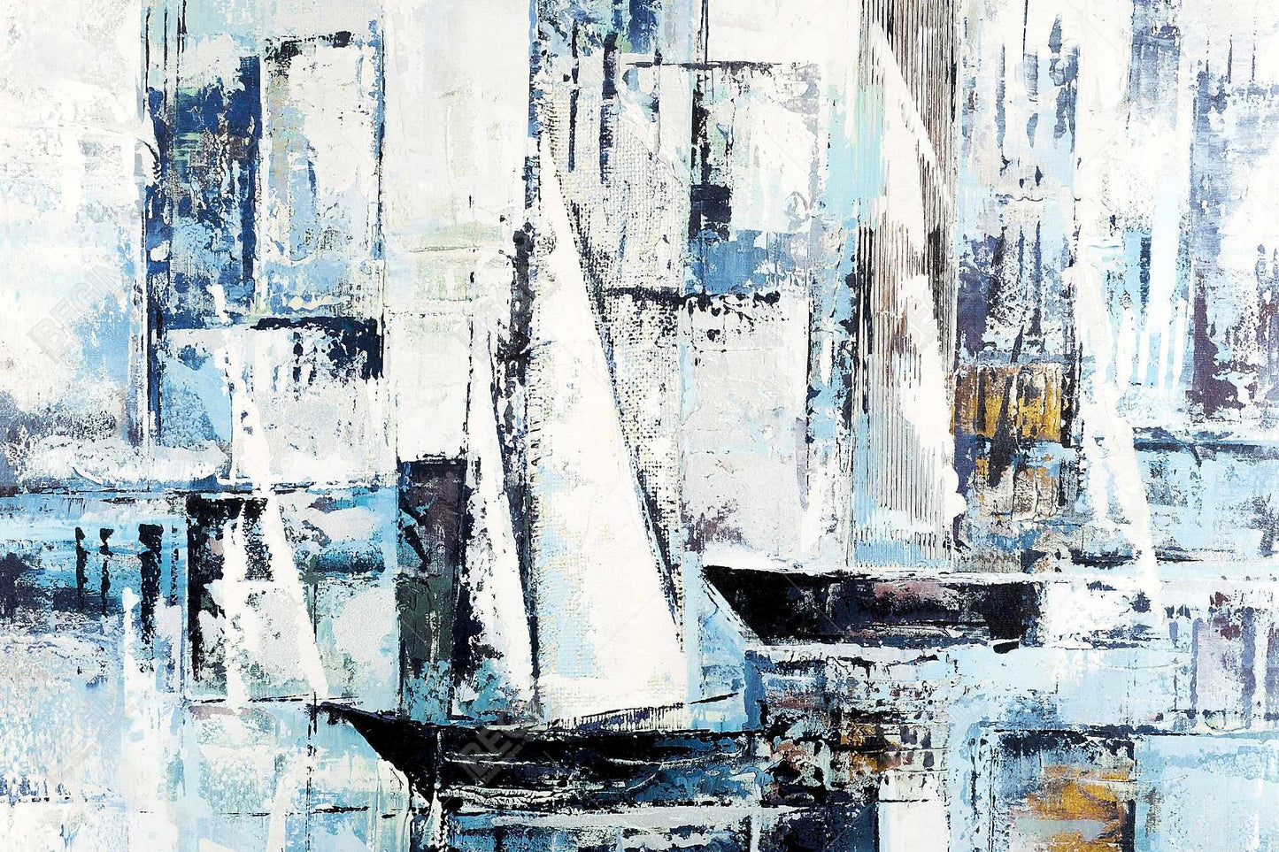 Toile de chambre bleu industriel – Décoration de formes abstraites et de bateaux