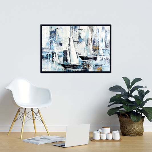 Toile de chambre bleu industriel – Décoration de formes abstraites et de bateaux