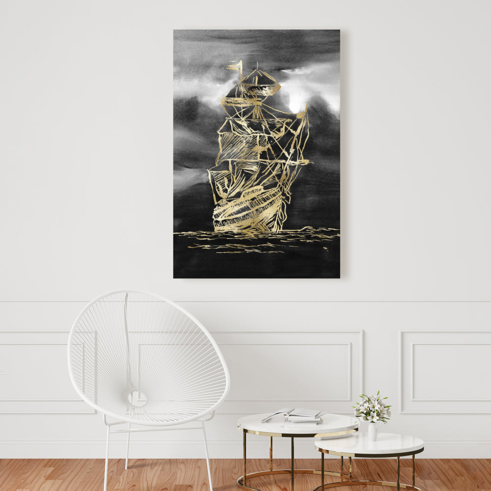 Toile dorée « Petit bateau à voile » | Décoration murale noire pour salle de bain