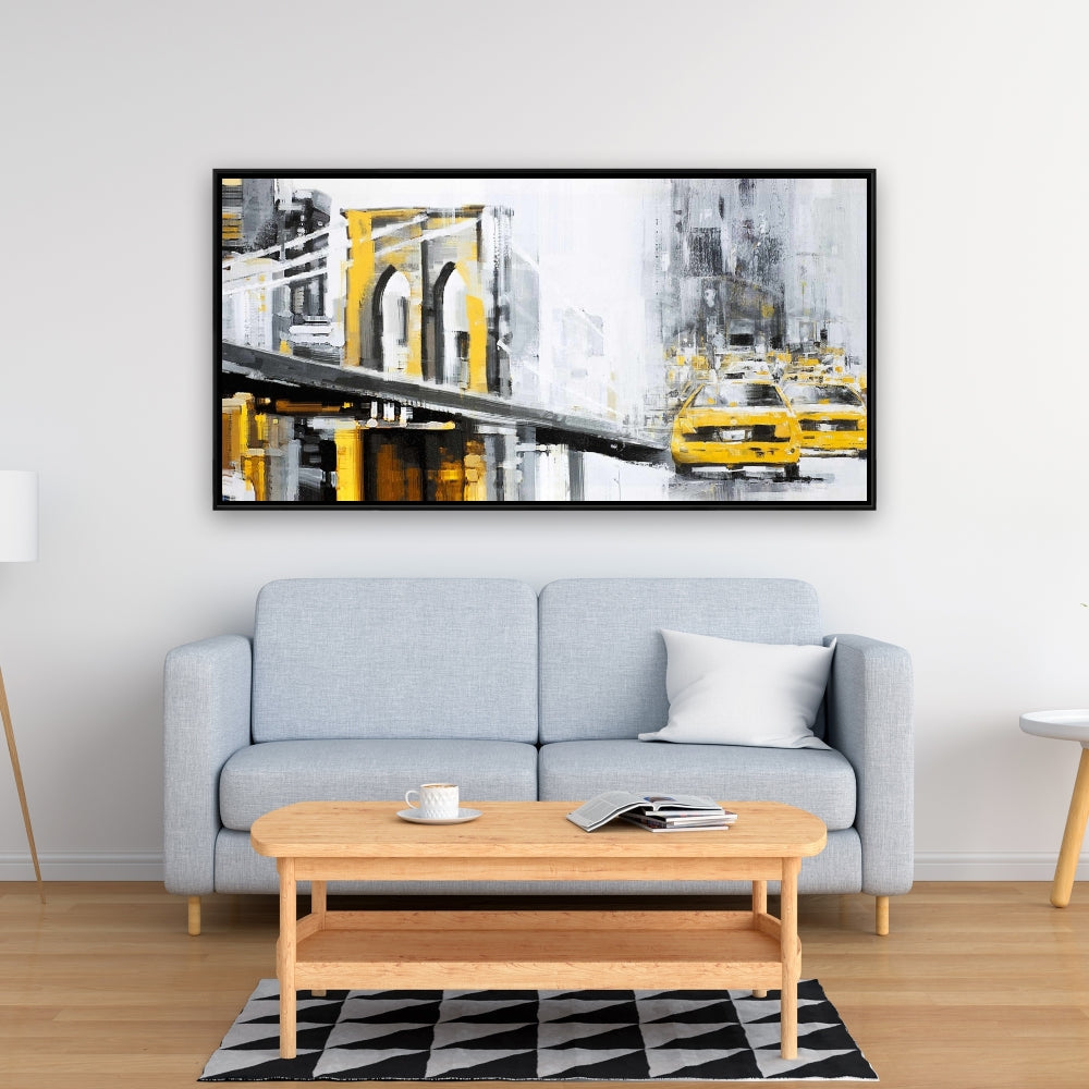 Toile « Pont de Brooklyn jaune avec taxis » | Cadre gris