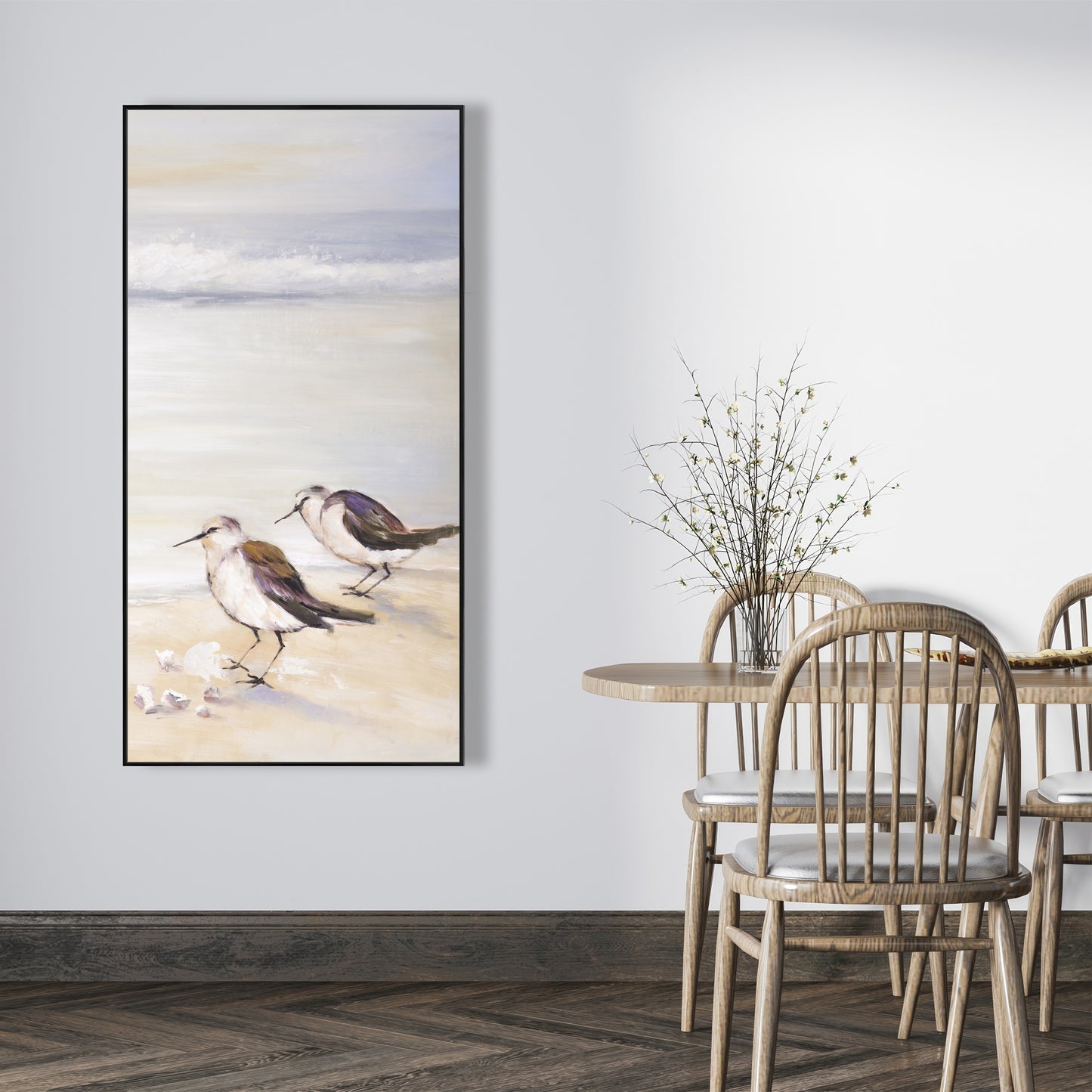 Deux bécasseaux sur la plage | Toile encadrée grise marine