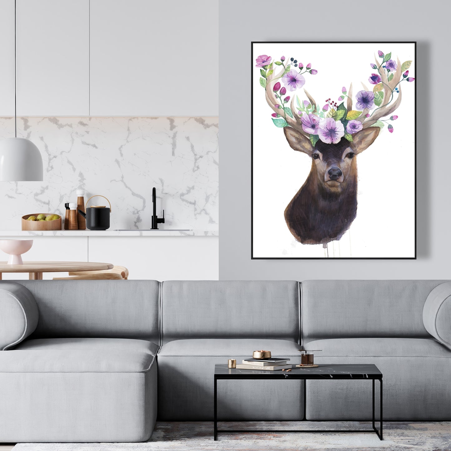 Roe Deer Head with Flowers Framed Canvas | Romantic Bedroom Art