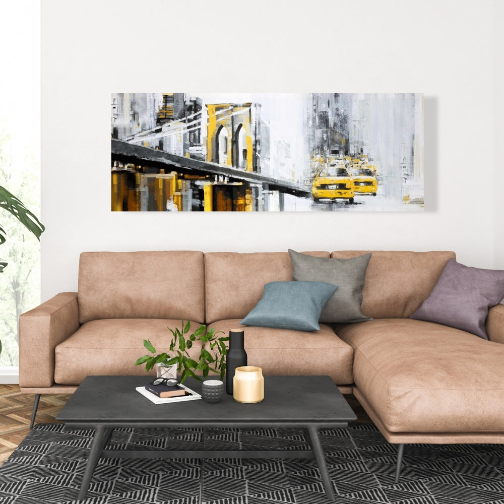 Toile Pont de Brooklyn jaune avec taxis - Décor gris industriel