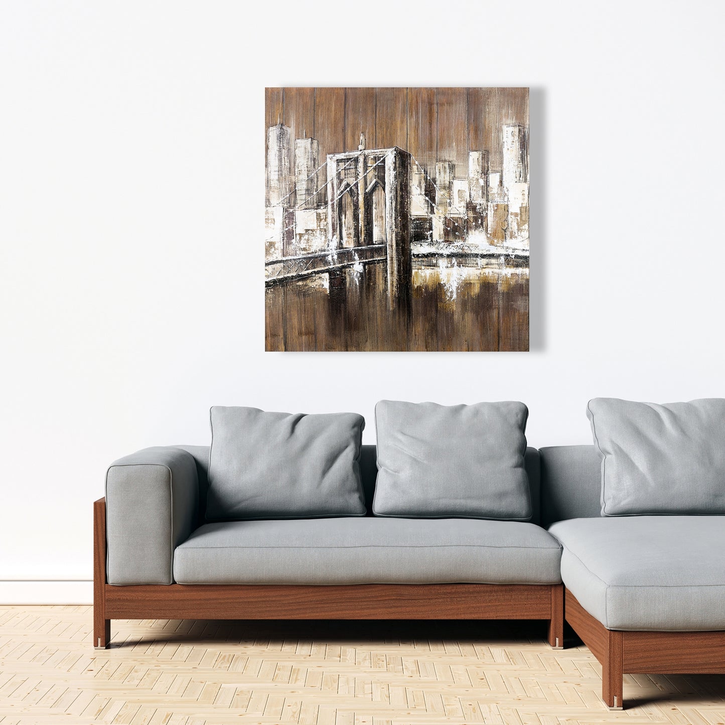 Aged Finish Brooklyn Bridge Canvas | Bedroom Decor - Brown