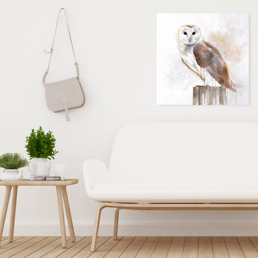 Toile rustique représentant une chouette effraie | Décoration murale