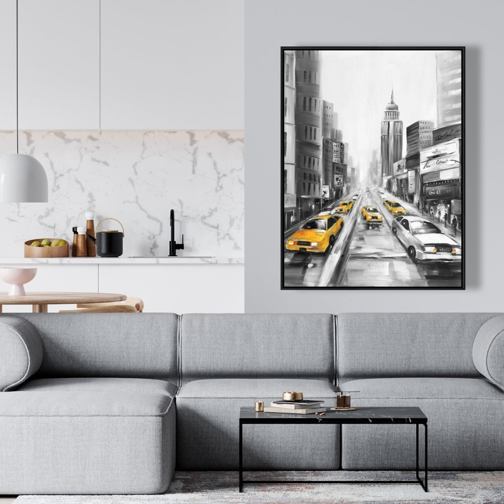 Toile « Taxis jaunes à New York » | Décoration d'intérieur encadrée grise