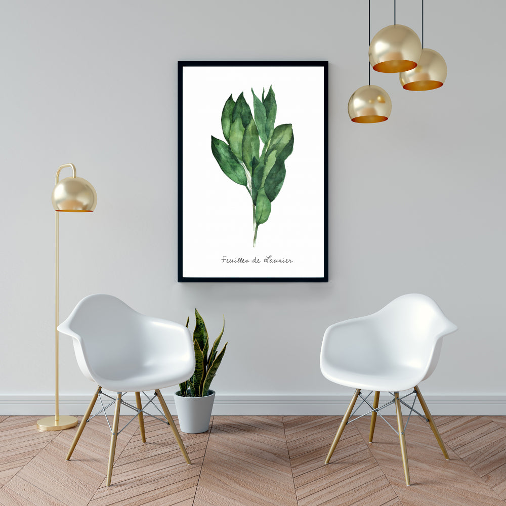 Toile encadrée « Feuilles de laurier » | Décoration de cuisine illustrative blanche