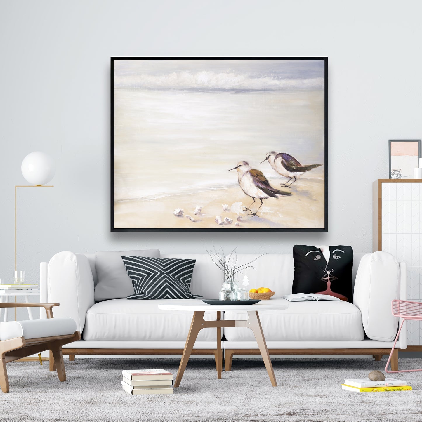Deux bécasseaux sur la plage | Toile encadrée grise marine
