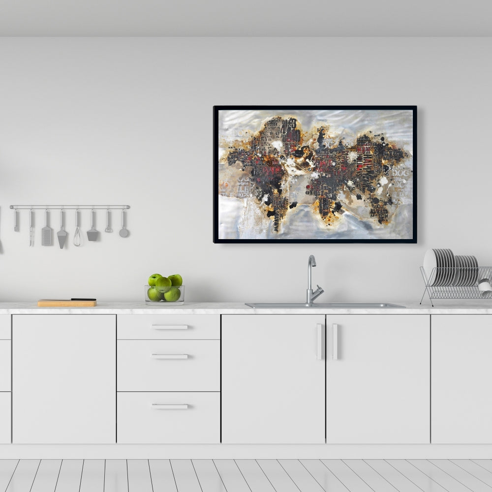 Carte du monde texturée sur toile | Décoration encadrée moderne marron